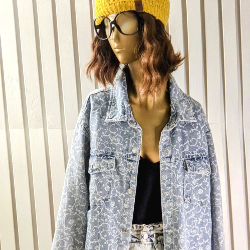 Womens Vintage Blue Denim Jean Floral Jacket STOOSH 90s Y2K Button Down Size L